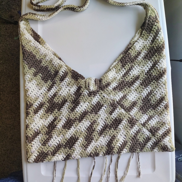 NWOT Handmade Crochet Boho Chic Hippie Crossbody Bag with Fringe Cotton. - Picture 11 of 15